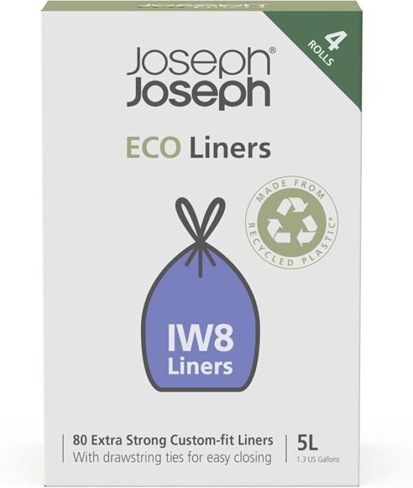 Joseph Joseph Eco Liners Iw8 Eco Recycled Plastic Bin Liners, Kitchen Bathroom Trash Bags With Tie Tape Drawstring Handles, Extra Strong – Pack Of 80, Holds 5 Litres/1.3 Gallons